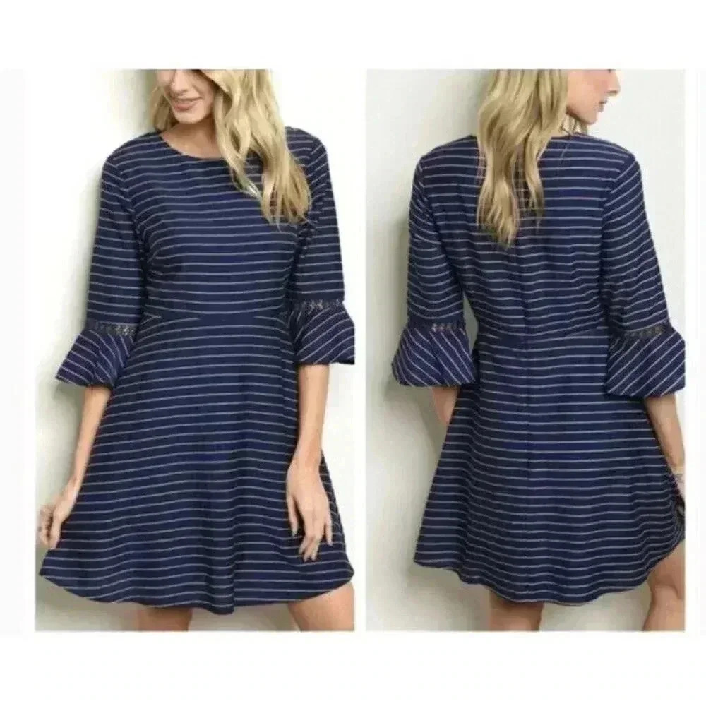 Gilli Women Navy Blue Striped Ruffle Sleeve Dress Lined Small NEW. 1298